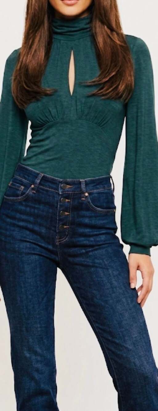 M - Free People Long Sleeve Keyhole Mock Neck Top Forest Green